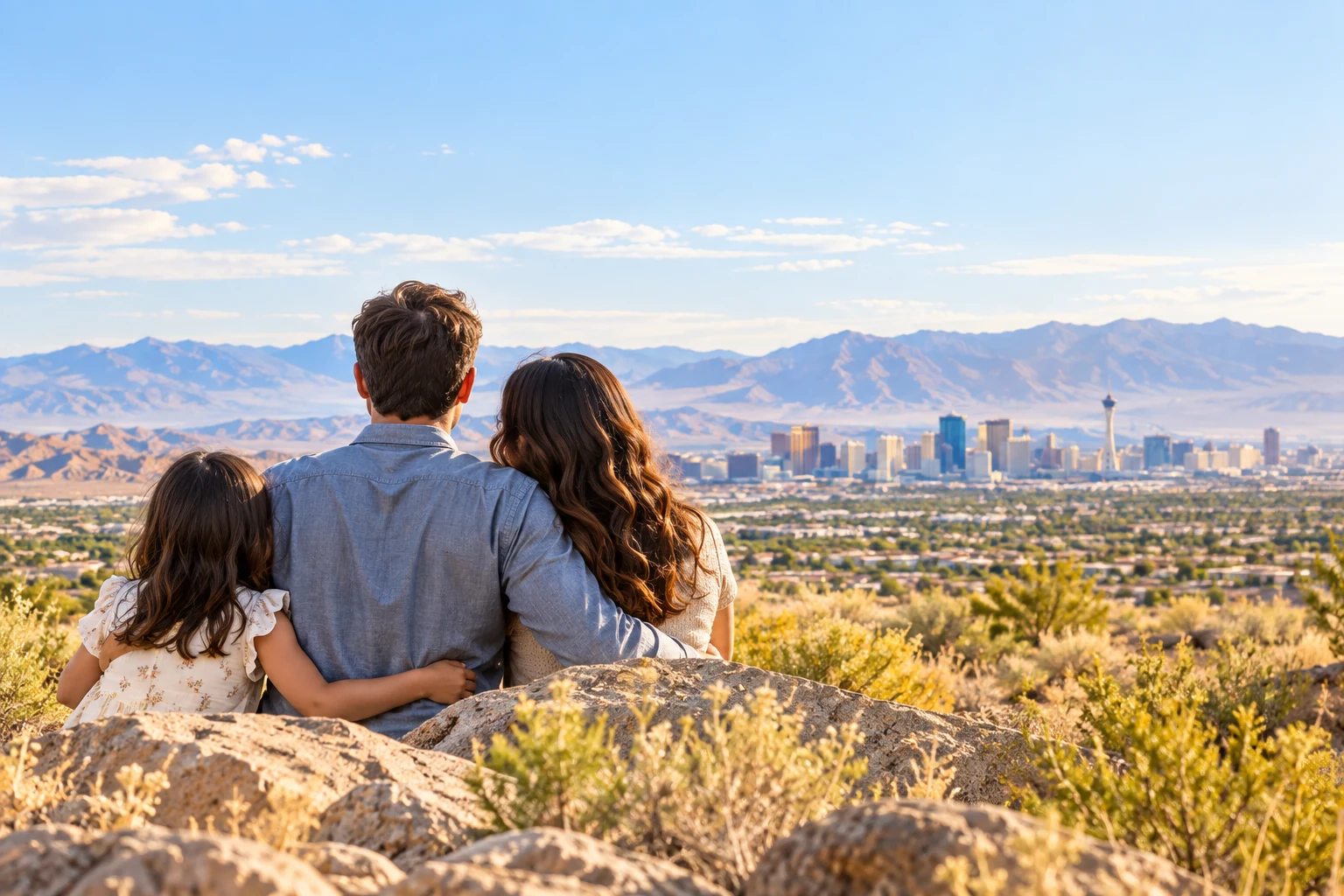 Illustrative family looking across a Nevada desert landscape