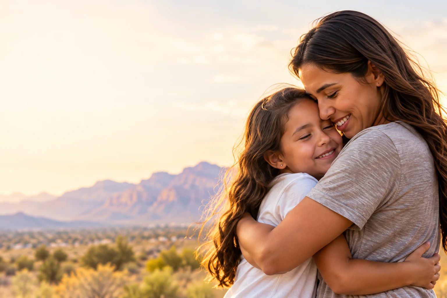 Illustrative mother and daughter sharing a hug